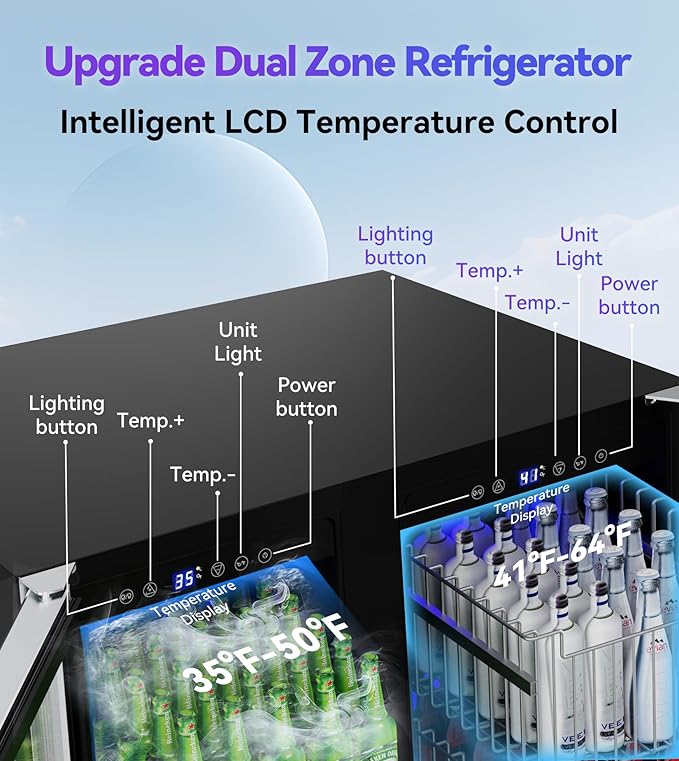 Dual Zone Beverage Refrigerator, 30'' Beverage Fridge with Detachable Basket, Intelligent Control Beverage Cooler with Glass Door Built-in or Freestanding with Blue LED Light, Hold 130 Can 60 Bottle