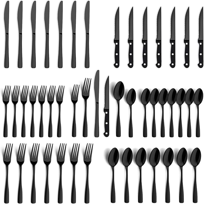BEWOS 48-Pieces Black Silverware Set for 8 - Stainless Steel Flatware Set with Mirror Polish, Black Silverware Set Including Steak Knives, Forks and Spoons, Dishwasher Safe for Restaurant
