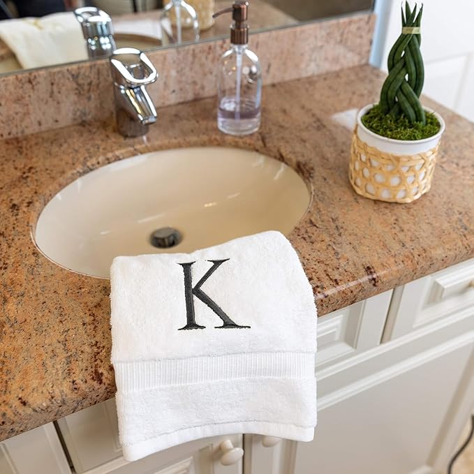 Dark Gray Monogrammed Hand Towels for Bathroom - White Luxury Hotel Quality Personalized Initial Decorative Embroidered Towel for Powder Room, Spa-GOTS Organic Certified - Pack of 2, Letter K