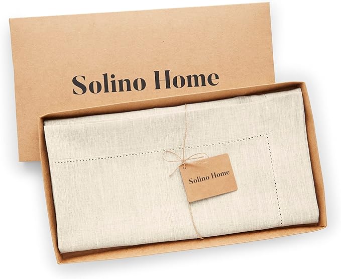 Solino Home Light Natural Linen Tablecloth 52 x 52 Inch - 100% Pure Linen Square Table Throw - Classic Hemstitch, Machine Washable Table Cloth for Holiday, New Year