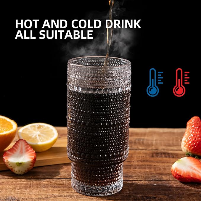 Drinking Glasses with Bamboo Lids and Glass Straw 4pcs Set,16oz Glass Tumbler Cups,Water Glasses,Iced Coffee Glasses,iced Tea Glasses,Beer Glasses,Ideal for Whiskey,2 Brushes