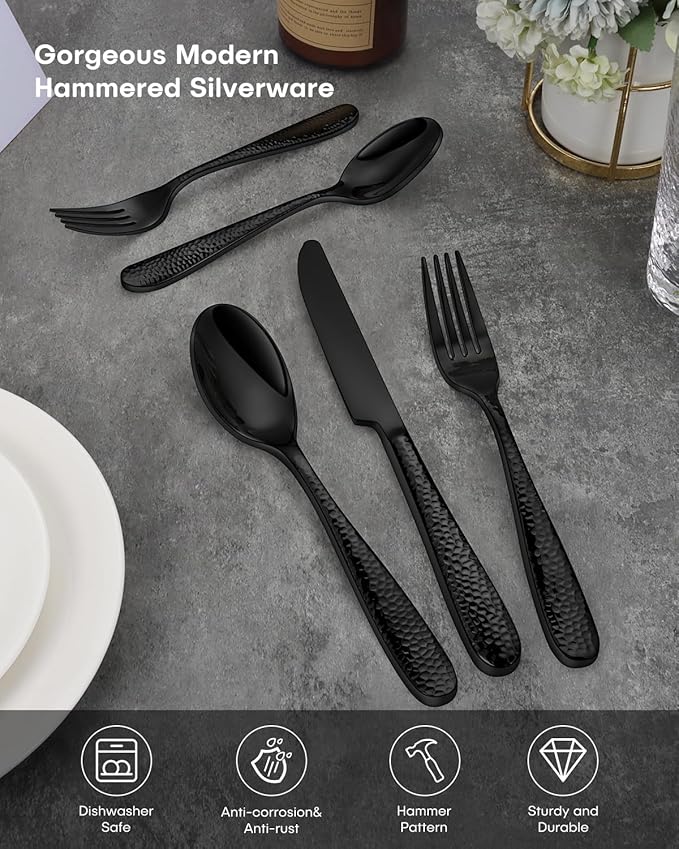 Hammered Silverware Set, Ollex 20PCS Black Flatware Set for 4 Stainless Steel Eating Utensils Sets Mirror Finish Include Forks Spoons and Knives Tableware Kitchen Cutlery Sets, Dishwasher Safe
