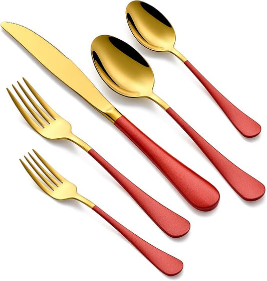 20-Piece Gold and Red Silverware Set for 4, 18/0 Stainless Steel Flatware Cutlery Utensils Set, Include Dinner Knives,Dinner Forks,Dinner Spoons,Salad Forks,Teaspoons,Dishwasher Safe…, ZT-2223