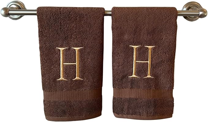 Brown Initial Hand Towel for Bathroom - Monogrammed Luxury Hotel Quality Decorative Embroidered Towel for Powder Room, Spa - GOTS Organic Certified - Set of 2 Beige Letter H