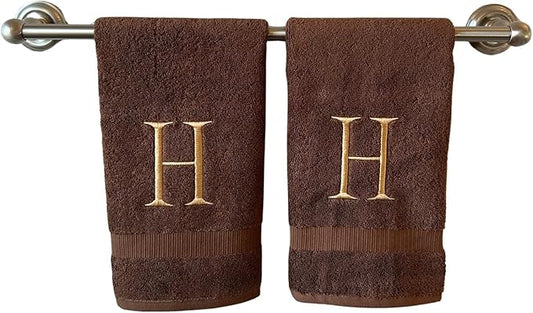 Brown Initial Hand Towel for Bathroom - Monogrammed Luxury Hotel Quality Decorative Embroidered Towel for Powder Room, Spa - GOTS Organic Certified - Set of 2 Beige Letter H