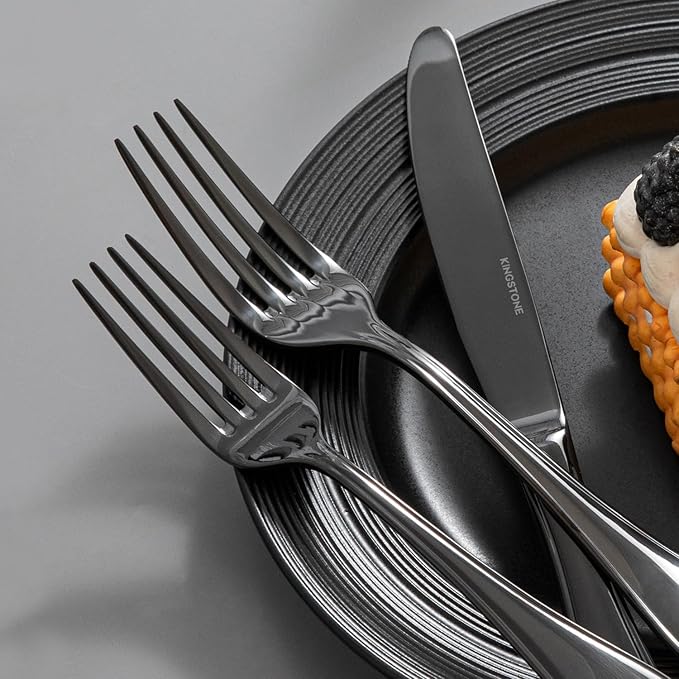 KINGSTONE 60 Piece Teardrop Silverware Set for 12, 18/10 Stainless Steel Flatware Set, Modern Design Cutlery Set for Home/Hotel/Wedding,Mirror Polished and Dishwasher Safe, Black