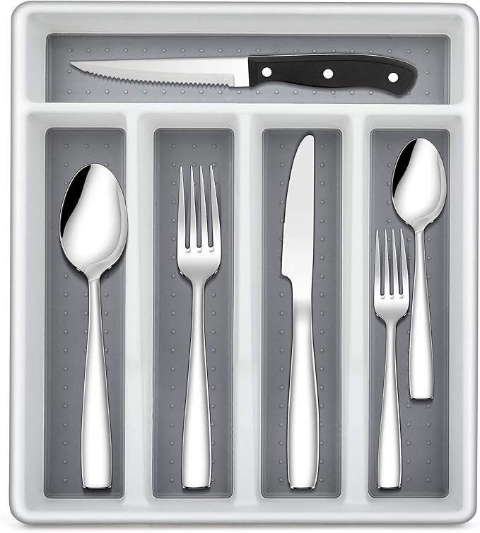 LIANYU 72-Piece Silverware Set of 12 with Steak Knives and Drawer Organizer, 18/10 Stainless Steel Anti Rust Flatware Cutlery Sets, Service Eating Utensils for Home Wedding, Mirror Polished