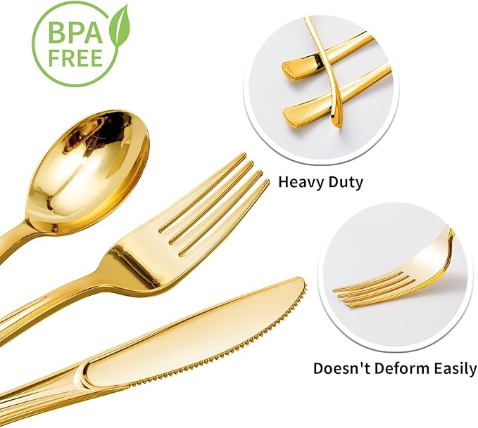 Goodluck 300PCS Gold Plastic Silverware, Gold Utensils Disposable, Plastic Cutlery Set of 100 Forks, 100 Spoons, 100 Knives for Party, Birthday, Holidays
