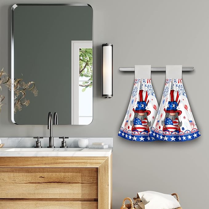 Giwawa American Flag Hand Towels 2 Pack Home Decorative Patriotic Gnome Kitchen Dish Towels Hanging Tie Towels for Bathroom Tabletop Holiday
