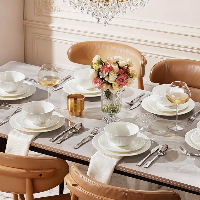 KINGSTONE Bone China Dinnerware Set, 12-Piece White Lightweight Porcelain with Textured Design Service for 4, Plates, Bowls, for Family Dining, Restaurants, Gifting，Microwave and Dishwasher Safe