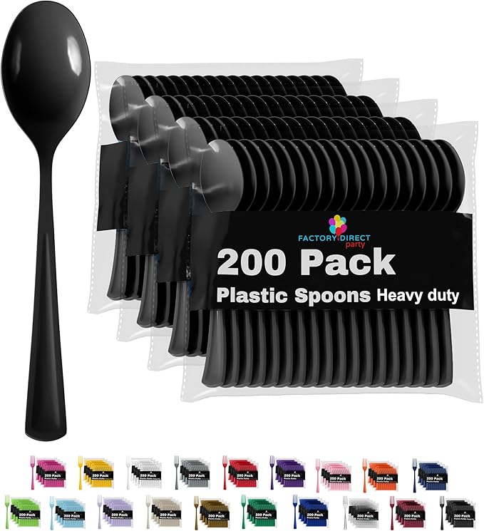 Party Solids Black Plastic Spoons 200 Pieces Black Spoons Disposable Utensils Heavy Duty Plastic Cutlery Set Disposable Cutlery Sets Flatware Sets Silverware Set Party Supplies & Party Tableware
