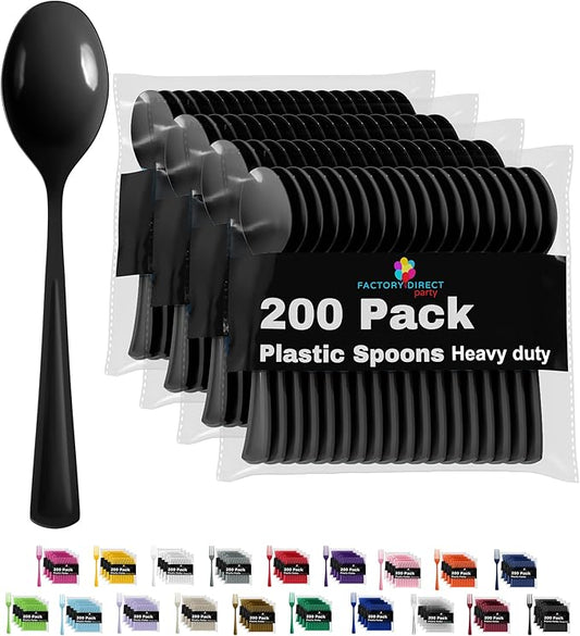 Party Solids Black Plastic Spoons 200 Pieces Black Spoons Disposable Utensils Heavy Duty Plastic Cutlery Set Disposable Cutlery Sets Flatware Sets Silverware Set Party Supplies & Party Tableware