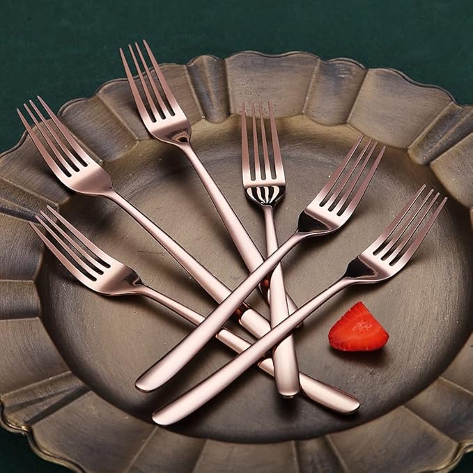 Copper Dinner Forks 6 Piece, Stainless Steel 8'' Forks Silverware Set, Dessert Forks, Table Forks, Salad Forks for Home, Kitchen or Restaurant, Dishwasher Safe
