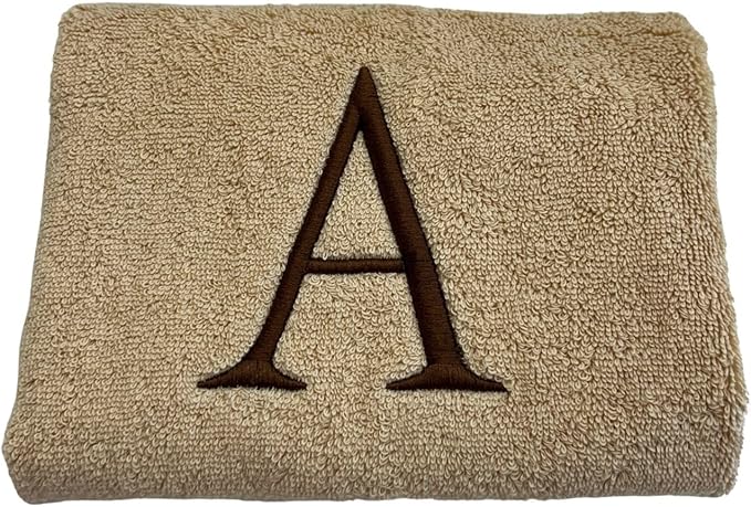 Beige Initial Hand Towel for Bathroom - Monogrammed Luxury Hotel Quality Decorative Embroidered Towel for Powder Room, Spa - GOTS Organic Certified - Set of 2 Brown Letter V