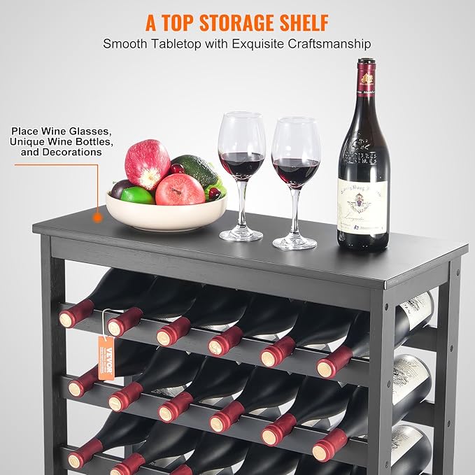 VEVOR 42 Bottle Modular Wine Rack, 7-Tier Solid Bamboo Wood Storage Racks with Table Top, Floor Freestanding Wines Holder Display Shelf, Wobble-Free Shelves for Kitchen, Bar, and Cellar (Black)