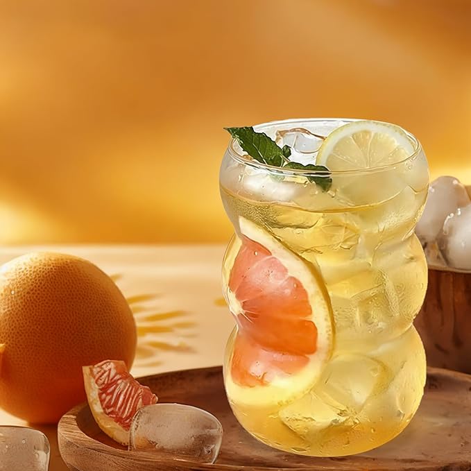 Nirvany Ribbed Glass Cup 18 Oz Vintage Drinking Glassware Creative Ripple Glasses for Iced Coffee Juice Beverage Milk Cocktail Cute Wavy Glass Cups