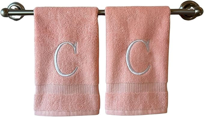 Pink Initial Hand Towel for Bathroom - Monogrammed Luxury Hotel Quality Decorative Embroidered Towel for Powder Room, Spa - GOTS Organic Certified - Set of 2 Letter C