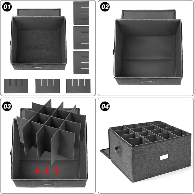 popoly Stemware Storage Cases 2 Pack, Wine Glass Storage Box Containers with Dividers for Glassware or Crystal, Holds 32 Red or White Wine Glasses, Hard Top and Stackable (Grey)