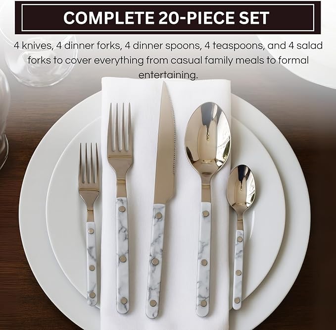 Khen 20-Piece Cutlery Set – Includes Dinner Knives, Forks, Spoons, Salad Forks & Teaspoons – Dishwasher Safe Cutlery Set for Home, Kitchen, Parties & Special Occasions – Carrera Pattern Handles