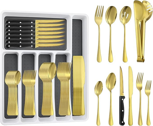 65PCS Silverware Set for 8 with Flatware Drawer Organizer, Stainless Steel Cutlery Set with Steak Knives, Include Spoons and Forks Set & Serving Utensils, Mirror Polished, Gold