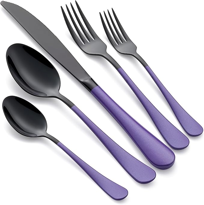 20-Piece Black and Purple Silverware Set 18/0 Stainless Steel Silverware Set Lake Blue Handle Cutlery Set Service for 4 Dinner Knives Forks Spoons Set Flatware Set Finish Dishwasher Safe