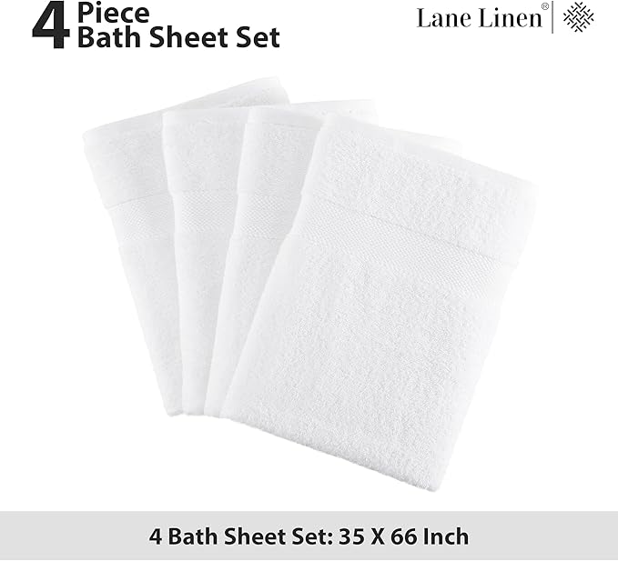 Lane Linen 100% Cotton 4 Pack Bath Sheets (35"x66") - Ring Spun, Extra Large Towel Sets - Quick Drying, Soft, Low lint & Highly Absorbent - Premium Quality Oversized Daily Use Bathroom Towels - White