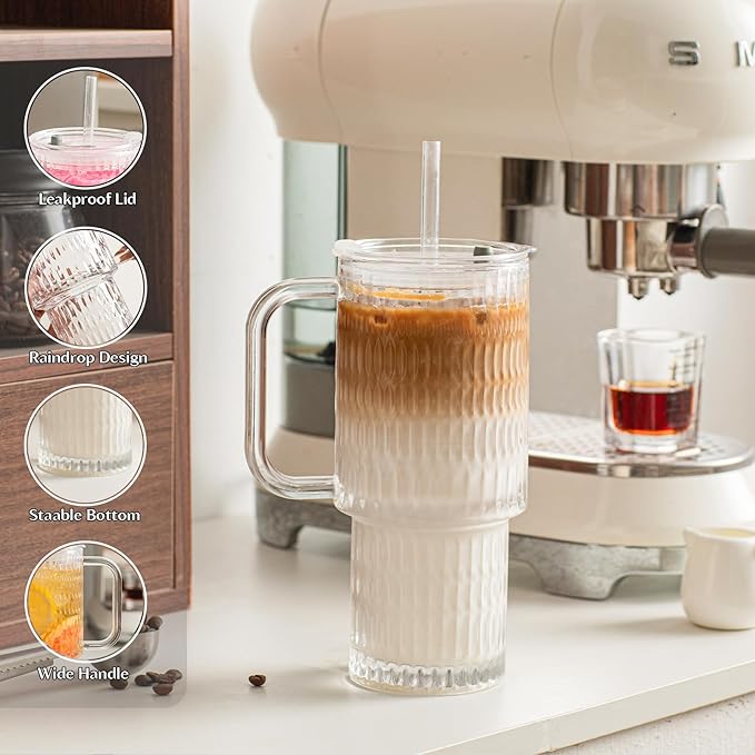 INSETLAN 26oz Raindrop Glass Tumbler with Handle and Lid, Set of 2 – Reusable Iced Coffee Cups with Lids, Clear Glass Cups with Straw for Coffee, Smoothies, Tea, Juice – Perfect for any Occasion