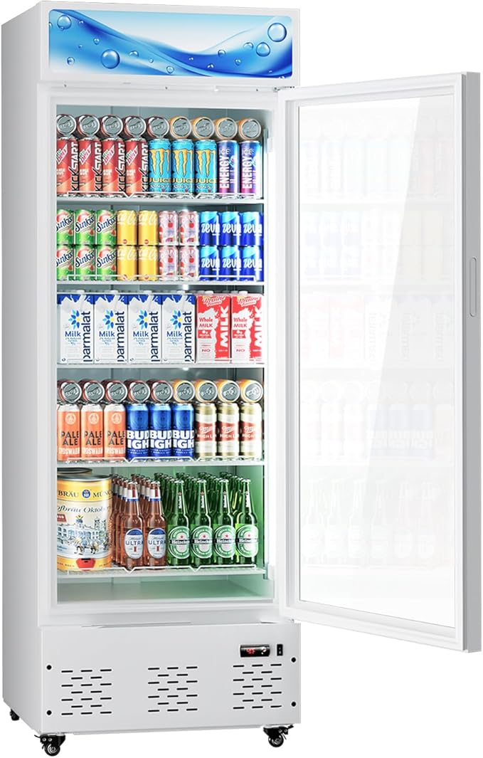 White Commercial Glass Door Display Refrigerator 15 Cu.ft Cooler Beverage Refrigerators with LED Light and 5 Shelves for Cafe Restaurant Store Bar