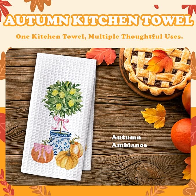 Fall Kitchen Towels Blue and White Pumpkin Kitchen Hand Towels, Chinoiserie Pumpkin Fall Decor Waffle Weave Dish Cloths 16x23.5 Inch, Farmhouse Autumn Thanksgiving Halloween Bathroom-C10