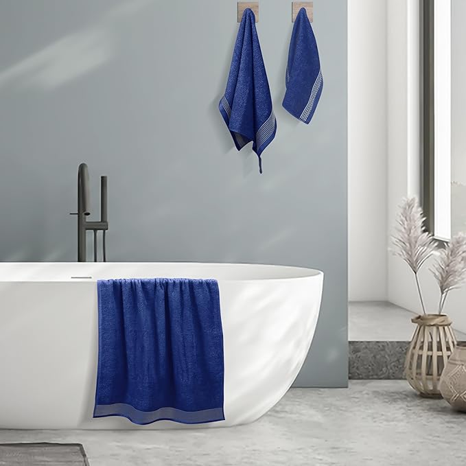 Belizzi Home Ultra Soft 3 Pack Cotton Towel Set, Contains a Bath Towel 28x55 inch, a Hand Towel 16x24 inch & a Wash Coth 12x12 inch, Ideal Everyday use, Compact & Lightweight -Navy Blue