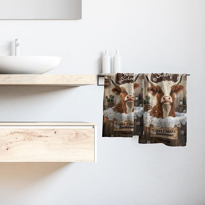 Imiss Cow Themed Funny Bathroom Towels - 14.4 x 28.3 Inch Farmhouse Country Decorative Cute Western Animal Kitchen Fingertip Towel for Hotel Gym Spa Decor, Set of 2