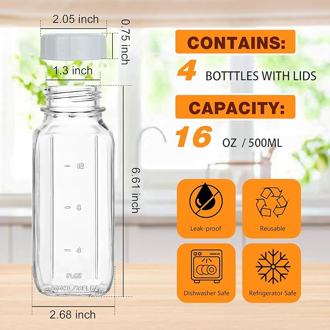 4 Pack 16 OZ Glass Milk Bottles with Lids, Glass Juice Bottles with Scale & Silicone Pour Spout, Reusable Juice Containers Square Drinking Jars for Milk, Coffee, Smoothies, Water