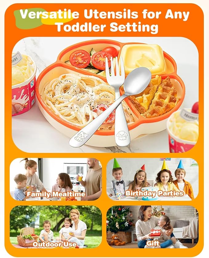 8-Piece Toddler Utensils Set, Food Grade Stainless Steel Kids Silverware Set Including Forks and Spoons, Child-Sized, Dishwasher Safe