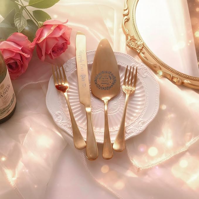4 Piece Wedding Cake Cutting Set, Knife and Server with Forks, Elegant Wedding Cake Knife and Server Set for Bride and Groom(Gold)