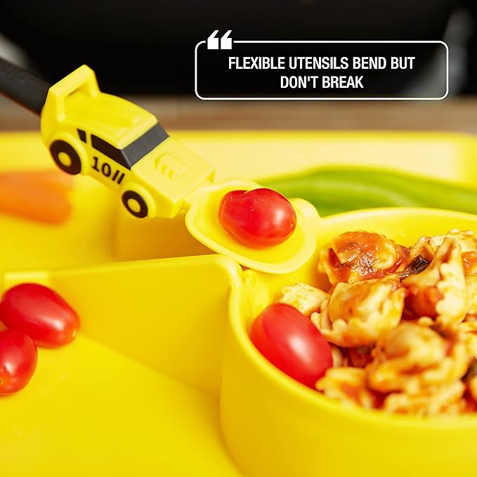 Dinneractive Utensil Set for Kids – Yellow Race Car Themed Fork and Spoon for Toddlers and Young Children – 2-Piece Set