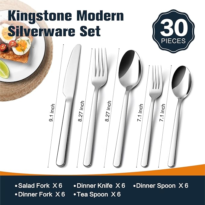 KINGSTONE Forged 30-Piece Silverware Set, 18/10 Stainless Steel Flatware Cutlery Set for 6, Mirror Finish Utensils Set,Dishwasher Safe (Silver)