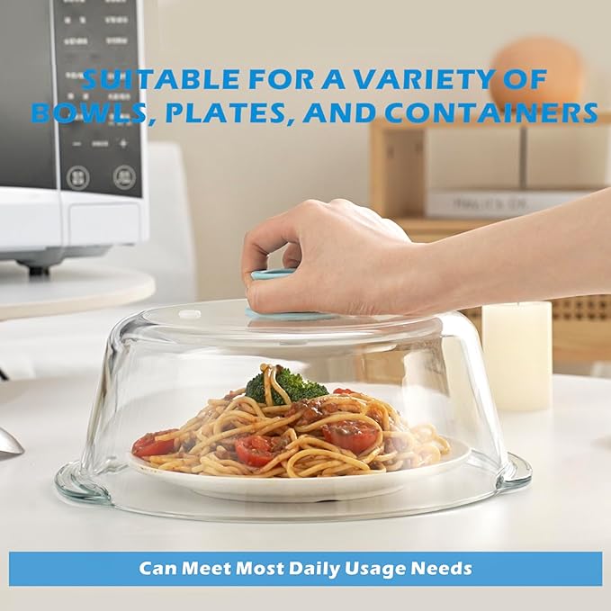 Tall Glass Microwave Splatter Cover for Food with Vent Hole 100% Food Safe 10in Plate Splatter Guard Lid with Silicone Knob BPA Free Cookware Serving Dish Cover Dishwasher Safe