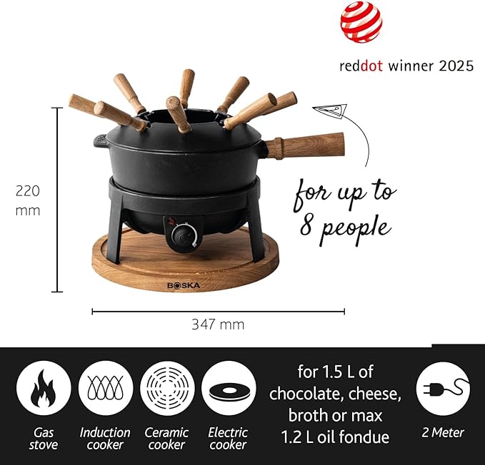 BOSKA Electric Fondue Set Pro/For Cheese, Chocolate and Broth Fondue / 8 people/Robust Cast-Iron/High Quality Materials/Splash Guard Included/Extra-long Cord/Black