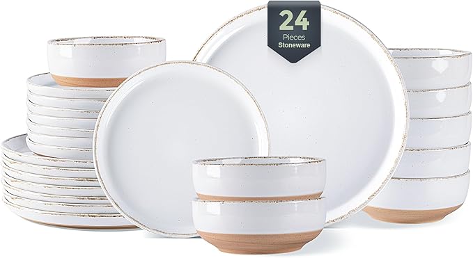 AmorArc 24 Pieces Ceramic Dinnerware Sets for 8, Handpainted Stoneware Plates and Bowls Set with Rustic Terracotta Underside, Scratch Resistant Dishes Set, Dishwasher & Microwave Safe, White