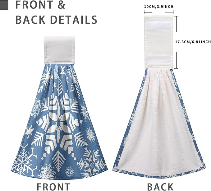 Snowflakes Winter Hanging Kitchen Towels Blue Snow Hand Tie Towel for Bathroom Holiday Decor Soft Absorbent Hanging Dish Towels for Home Accessories