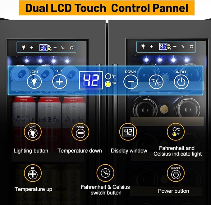 Wine and Beverage Refrigerator, 24 Inch Beverage Cooler Dual Zone with Glass Door, Under Counter Beverage Fridge with Upgraded 60 Cans 20 Bottles Large Capacity, Black