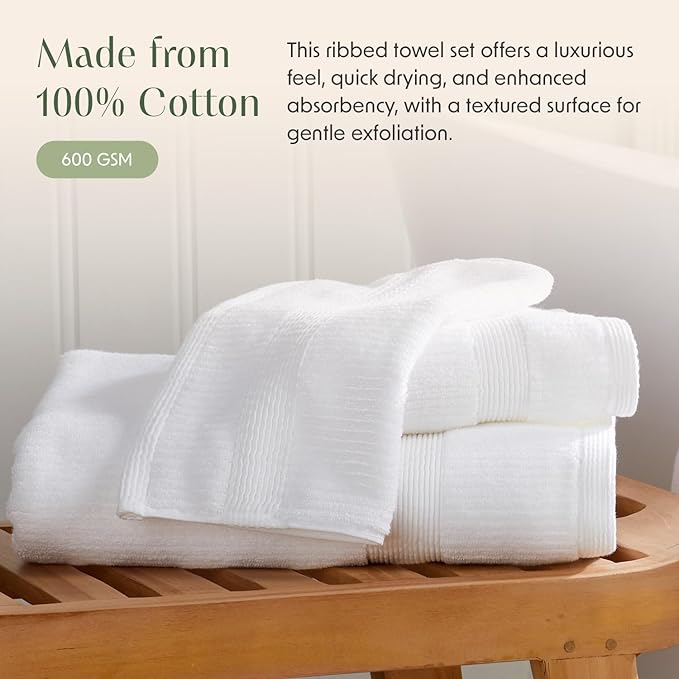 Springtree Home White Bath Towels Set of 6 | Ribbed Textured | 100% Combed Cotton | Absorbent Quick-Dry Towels for Bathroom | Oeko-TEX® Standard 100 Cotton | Mauro Collection - Bright White