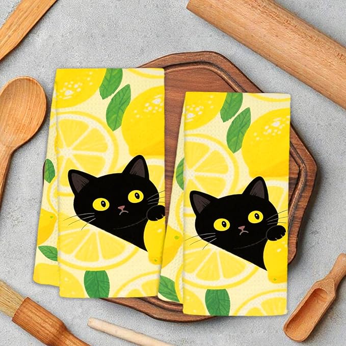 Yellow Lemon Black Cat Gifts Kitchen Dish Towels Set of 2, Farmhouse Summer Fruit Decorative Hand Towels for Bathroom, Cat Lovers Mom Gifts Dish Tea Towel for Kitchen Bathroom, 16x24 Inch