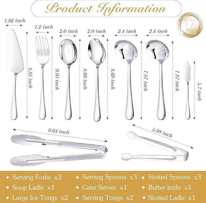 MWELLEWM 17Pcs Serving Utensils, Silver Stainless Steel Large Serving Spoons, Slotted Spoon, Fork, Tongs, Cake Pie Server, Soup Spoon Metal Buffet Banquet Cutlery Set for Parties Entertaining Catering
