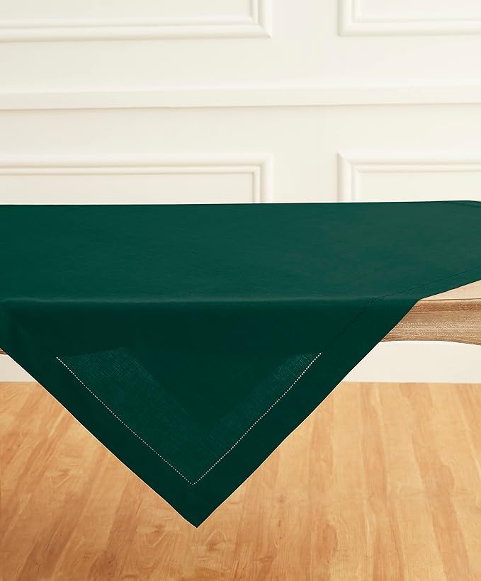 Solino Home Rainforest Green Linen Tablecloth 52 x 52 Inch - 100% Pure Linen Square Table Throw - Classic Hemstitch, Machine Washable Table Cloth for Winter, New Year