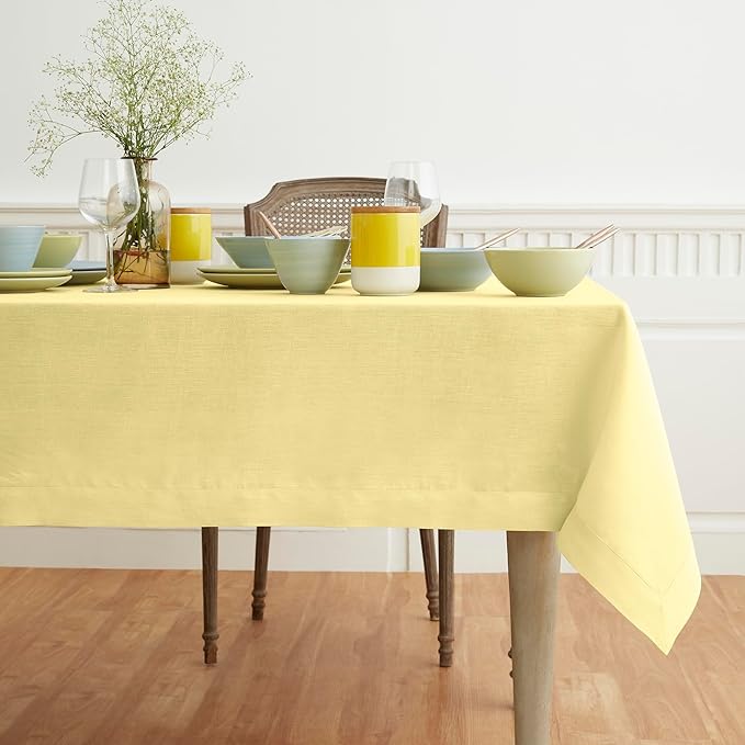 Solino Home Yellow Linen Tablecloth 60 x 132 Inch - 100% Pure Linen Table Cloth for Rectangle Tables - Fete, Machine Washable Tablecloth