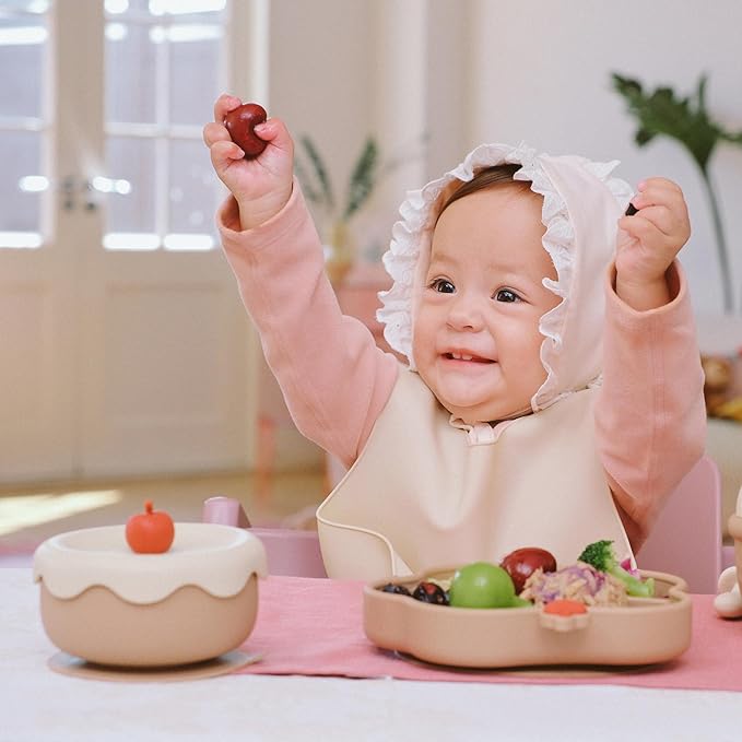 Silicone Baby Feeding Set, Gelato Collection Baby Led Weaning Supplies, First Self-Feeding Set with Suction Bowl & Plate, Sippy Cup & Bib, Fork & Spoon - Brown