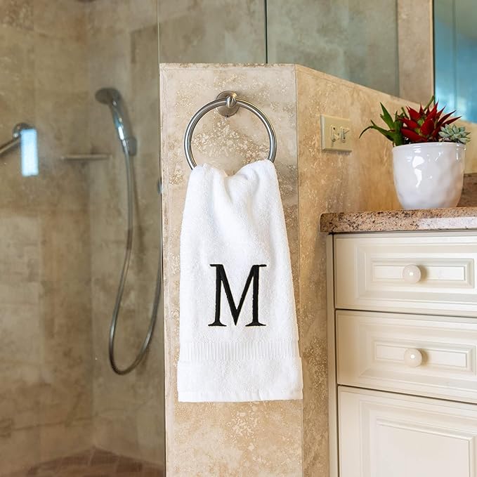 Black Initial Hand Towel for Bathroom - Monogrammed Luxury Hotel Quality Decorative Embroidered Towel for Powder Room, Spa - GOTS Organic Certified - Set of 2 Letter M