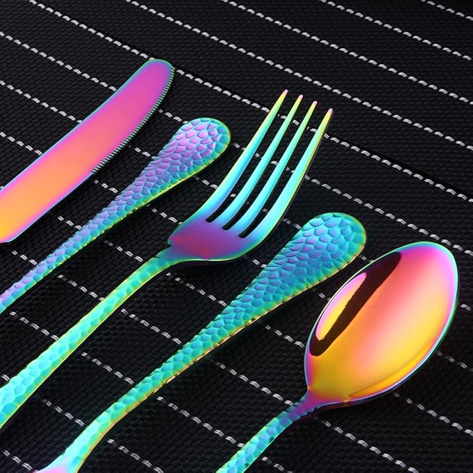 5-Piece Rainbow Silverware Flatware Set Service for 1 Stainless Steel Cutlery Set Include Dinner Knife Table Fork Table Spoon Salad Fork Tea Spoon for Wedding, Dishwasher Safe