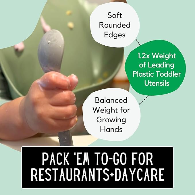 THEO'S 20 Pack Eco-Friendly Utensils for Baby & Toddler | 100% Biodegradable + Compostable 5.0"x1.2" Plant Based Spoons & Forks (10 each) | BPA Free, Dishwasher + Microwave Safe, Light & Dark Gray